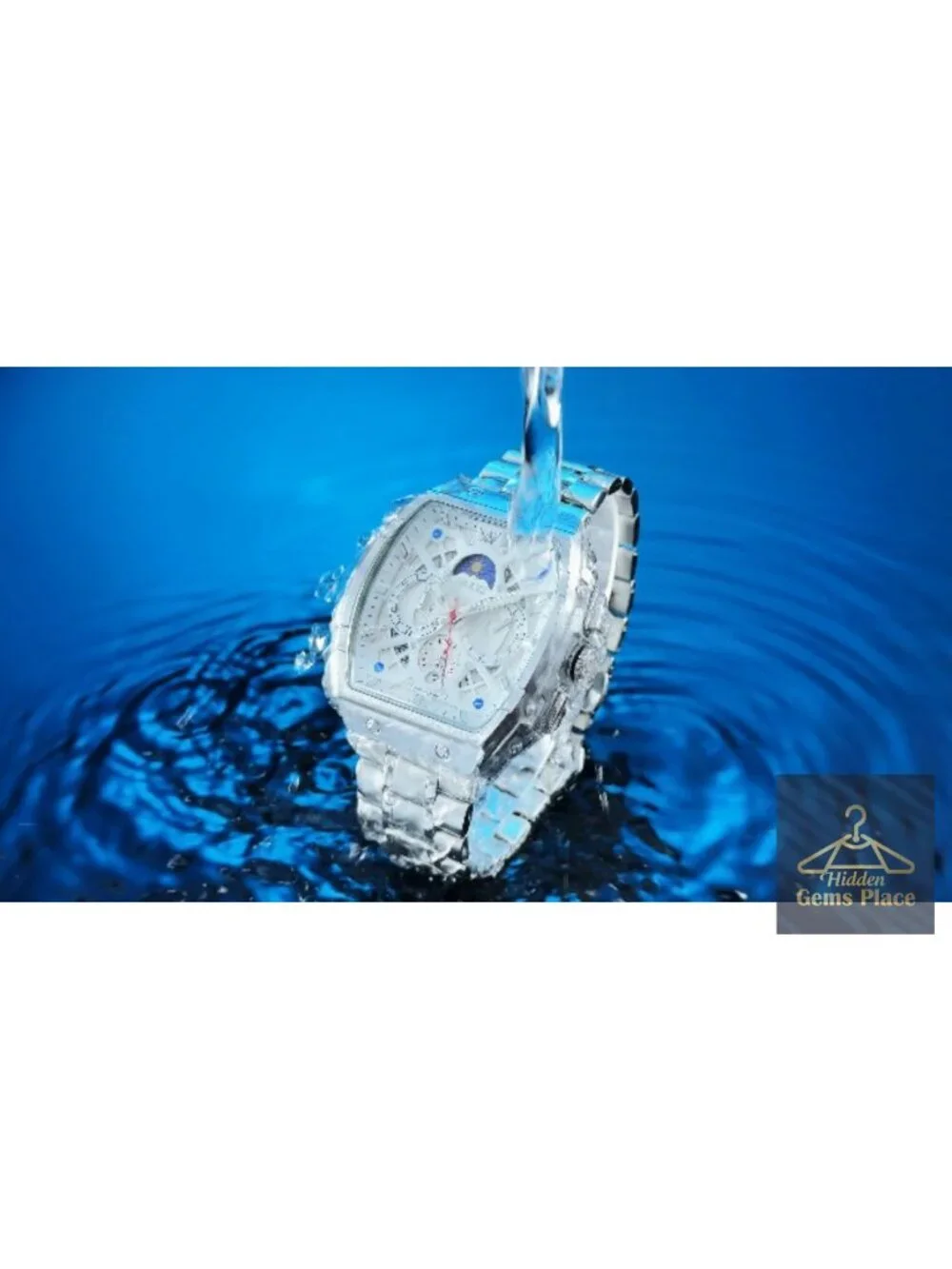 Men's Square Watch Chronograph Date Moon Phase Luminous Hands Stainless Steel